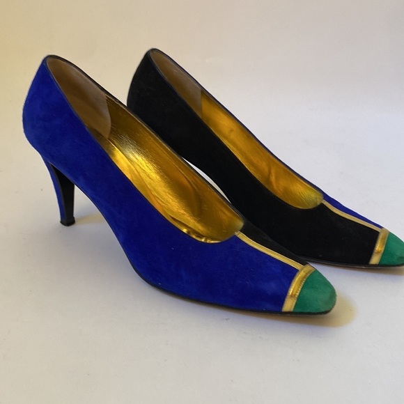 Vintage 80s Anne Klein Couture Suede Color Block Heel Size 7.5 N #273 - Picture 1 of 12